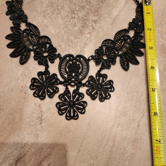 Matte Black Light Metal Lace Statement Necklace - Picture 2 of 2